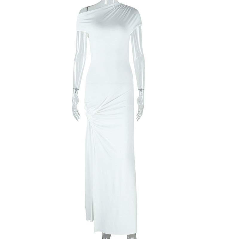 European and American Style Ins Foreign Trade Women's Clothing Solid Color dress Oblique Collar Short Sleeve Sexy Irregular Split Elegant Dress