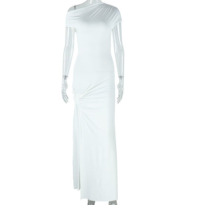 European and American Style Ins Foreign Trade Women's Clothing Solid Color dress Oblique Collar Short Sleeve Sexy Irregular Split Elegant Dress