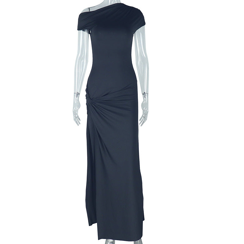 European and American Style Ins Foreign Trade Women's Clothing Solid Color dress Oblique Collar Short Sleeve Sexy Irregular Split Elegant Dress
